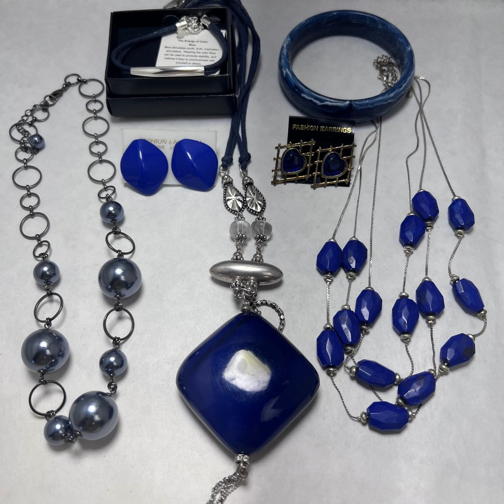 7pc Blue Fashion Jewelry Lot Statement Necklaces‎ Earrings Bangle Bracelet Set